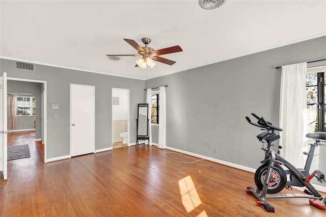 exercise room with hardwood / wood-style flooring, a healthy amount of sunlight, and ornamental molding