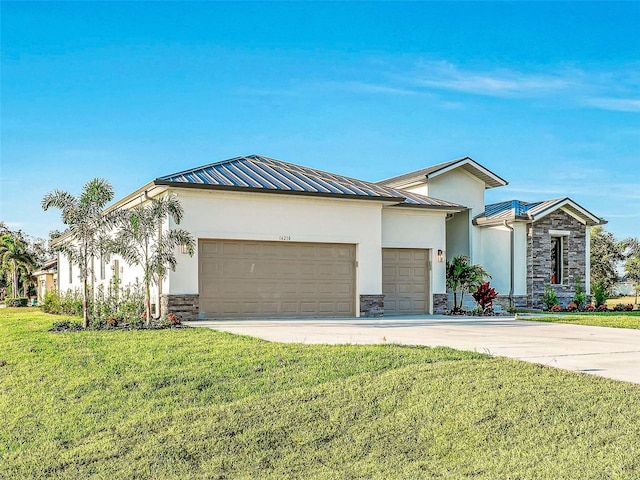 single story home with a front yard and a garage