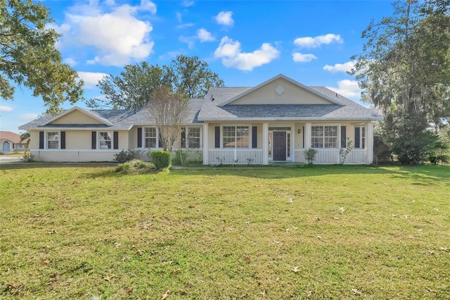 single story home with a front yard and a porch