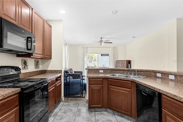 kitchen with ceiling fan, black appliances, sink, and light tile patterned floors