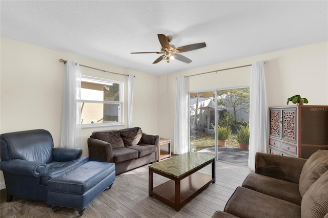 living room featuring light hardwood / wood-style flooring, a healthy amount of sunlight, and ceiling fan