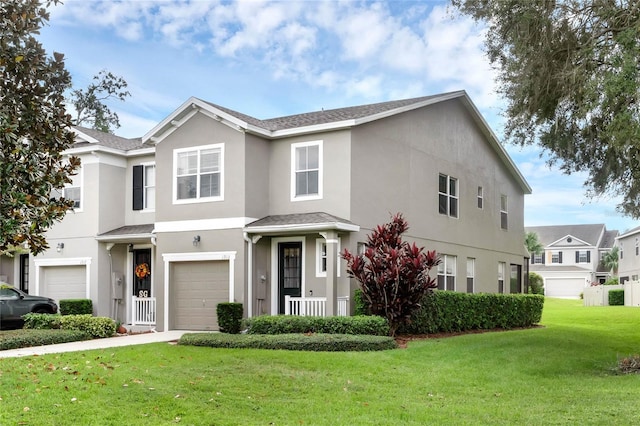 view of front of property featuring a front yard and a garage