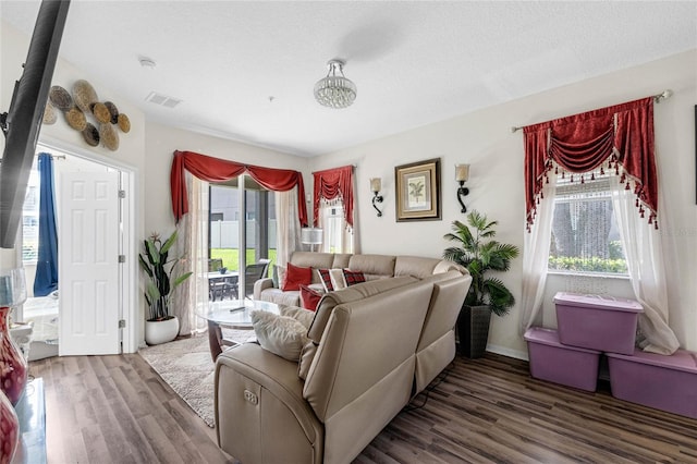 living room featuring a wealth of natural light, hardwood / wood-style floors, and a textured ceiling