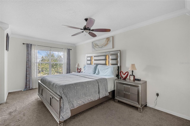 bedroom with ornamental molding, a textured ceiling, light colored carpet, and ceiling fan