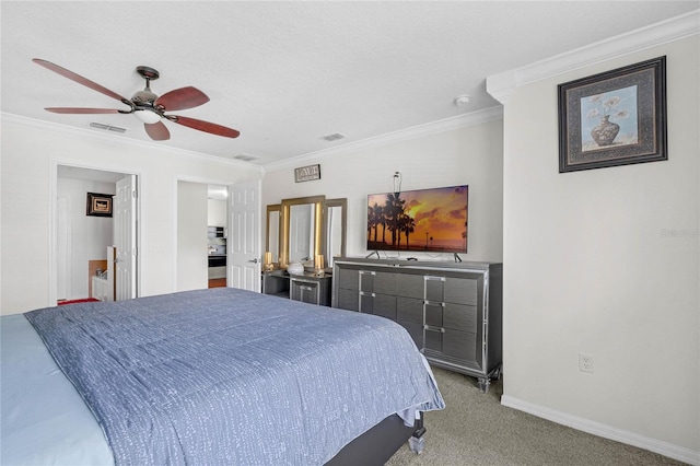 carpeted bedroom featuring crown molding and ceiling fan