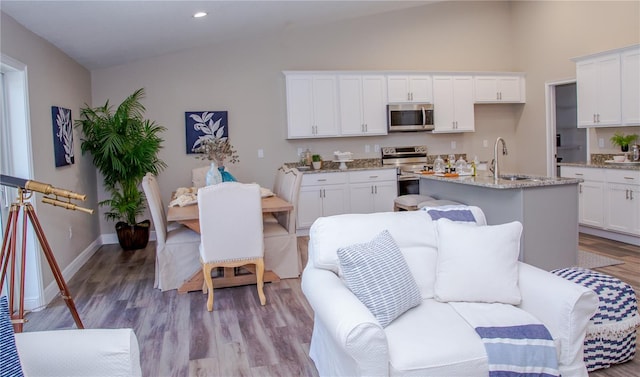 kitchen with light stone countertops, lofted ceiling, appliances with stainless steel finishes, and white cabinetry