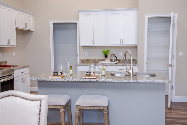 kitchen with an island with sink, white cabinets, sink, and dark hardwood / wood-style flooring