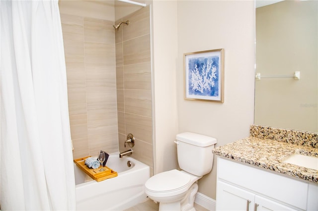 full bathroom with vanity, shower / bath combination with curtain, and toilet