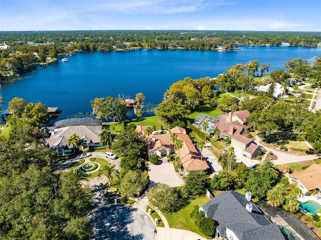 drone / aerial view with a water view