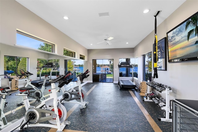 workout area featuring ceiling fan