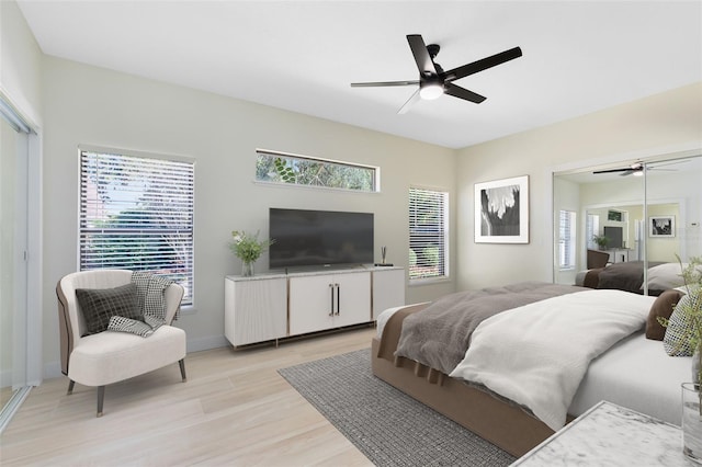 bedroom featuring light wood-type flooring and ceiling fan