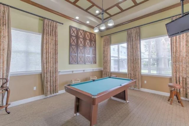 recreation room featuring ornamental molding, billiards, and light carpet