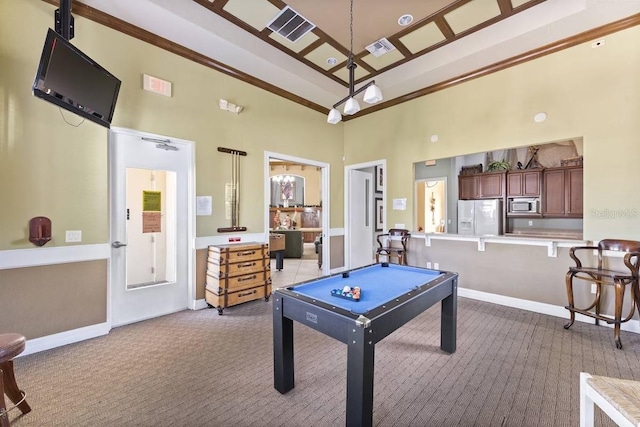 rec room featuring high vaulted ceiling, carpet, and billiards