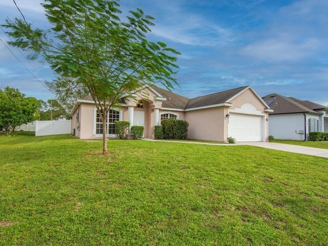 single story home with a front lawn and a garage