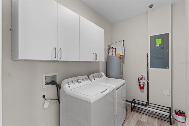 laundry room featuring electric panel, light hardwood / wood-style floors, cabinets, water heater, and washer and dryer