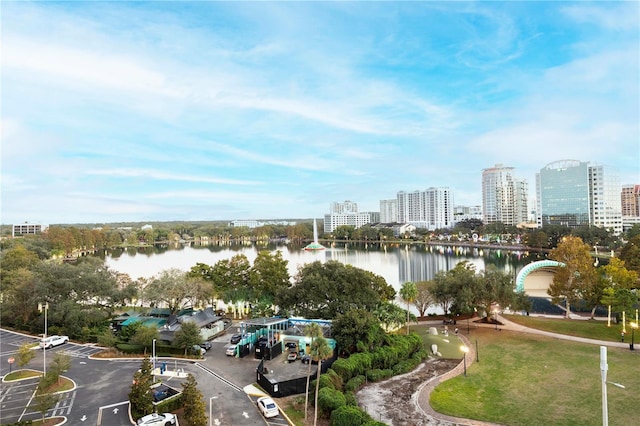 birds eye view of property featuring a water view