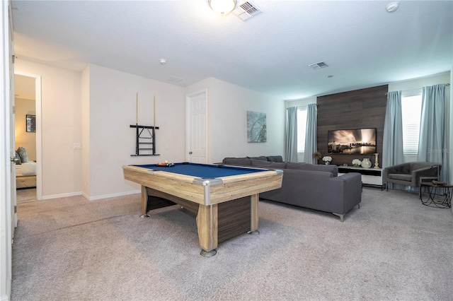 playroom with light colored carpet and billiards