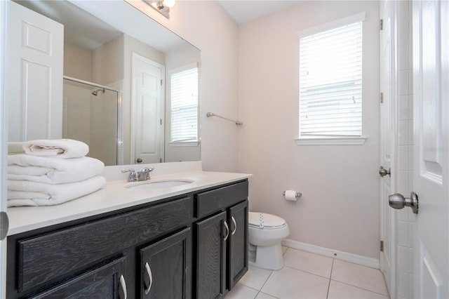 bathroom featuring vanity, walk in shower, tile patterned flooring, and toilet