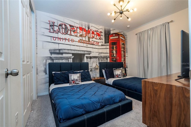 carpeted bedroom featuring a textured ceiling and a chandelier