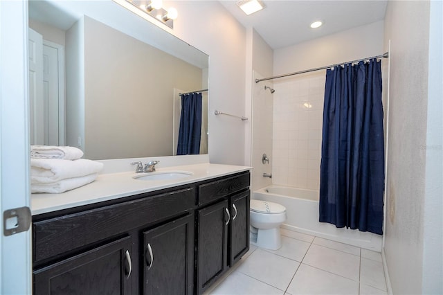 full bathroom featuring toilet, vanity, shower / bath combination with curtain, and tile patterned flooring