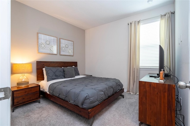 bedroom with light colored carpet