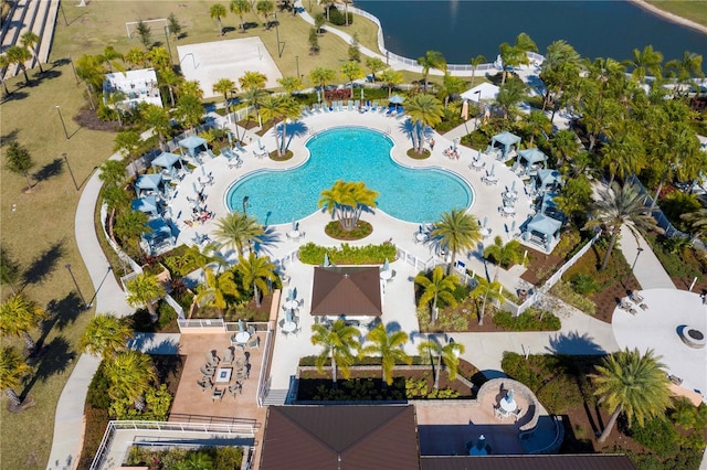 drone / aerial view featuring a water view