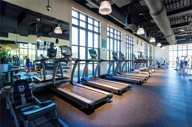 exercise room featuring a high ceiling