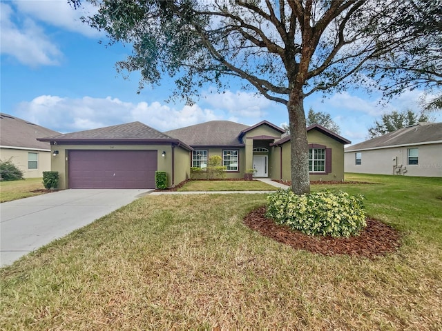 ranch-style house with a front lawn and a garage