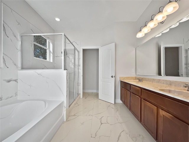 bathroom with vanity and separate shower and tub