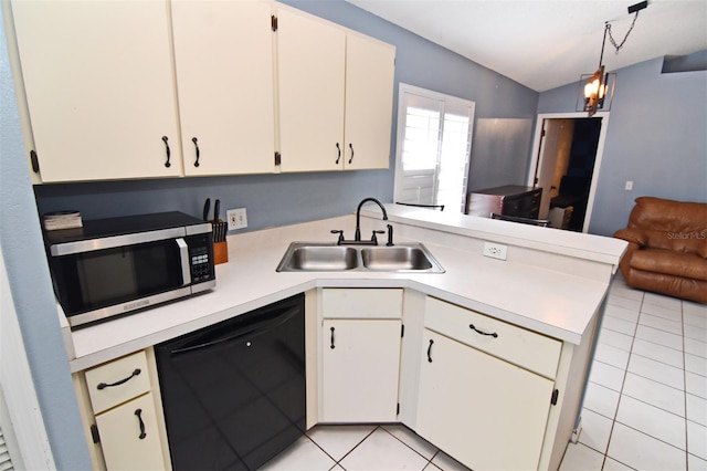 kitchen featuring lofted ceiling, dishwasher, hanging light fixtures, kitchen peninsula, and sink