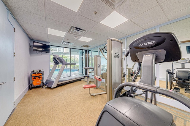 workout area with a paneled ceiling and light colored carpet