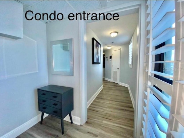 hallway featuring a paneled ceiling and hardwood / wood-style floors