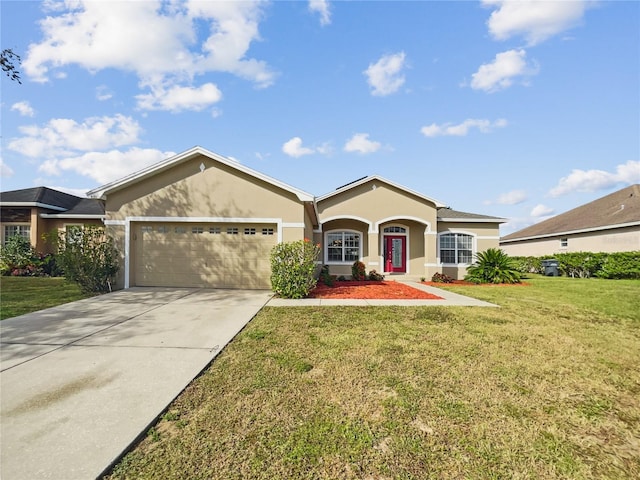 ranch-style house with a front lawn and a garage