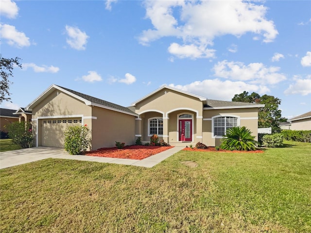 ranch-style home with a front yard and a garage