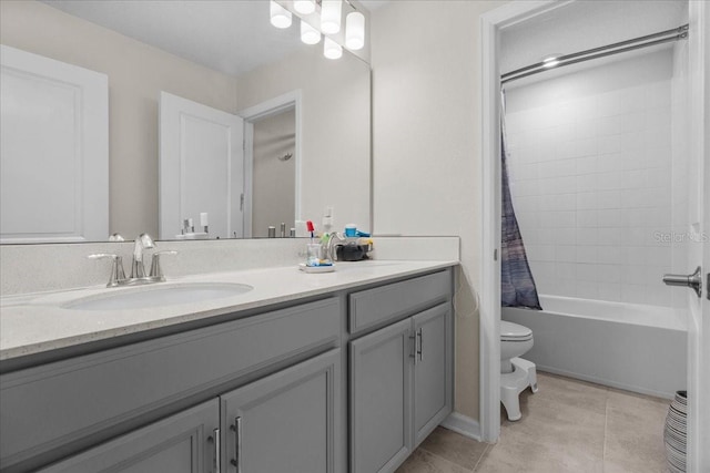 full bathroom featuring toilet, vanity, shower / bath combination with curtain, and tile patterned flooring