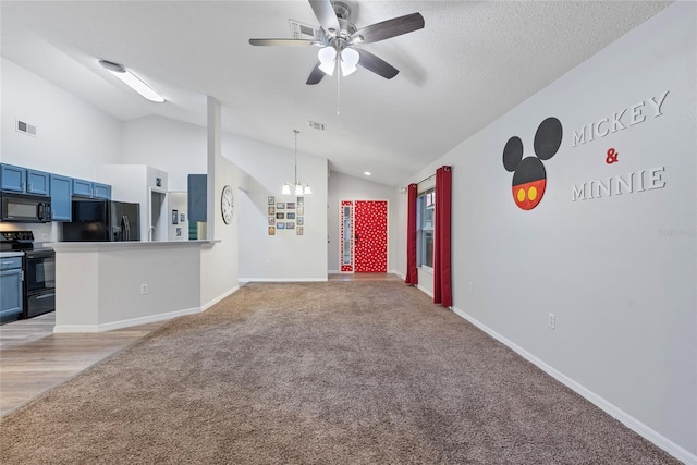 unfurnished living room featuring light carpet, a textured ceiling, vaulted ceiling, and ceiling fan with notable chandelier