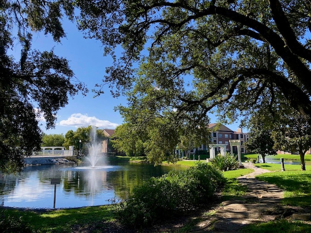 view of community with a water view