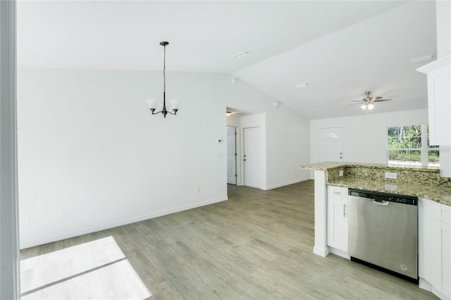 kitchen with dishwasher, hanging light fixtures, vaulted ceiling, light wood-type flooring, and white cabinetry