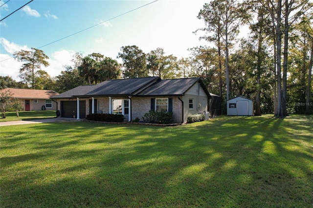 ranch-style house with a front yard and a shed