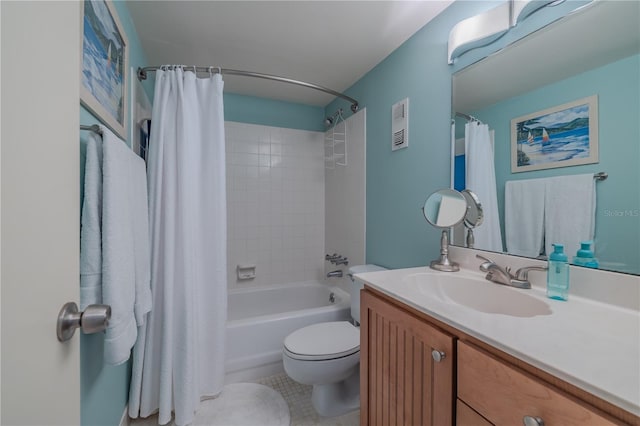 5501 S Atlantic Ave Unit 307, New Smyrna Beach, FL 32169 - full bathroom with shower / bath combination with curtain, visible vents, vanity, tile patterned floors, and toilet