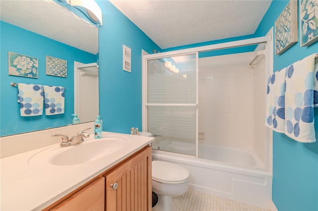 full bathroom with combined bath / shower with glass door, a textured ceiling, toilet, vanity, and tile patterned flooring