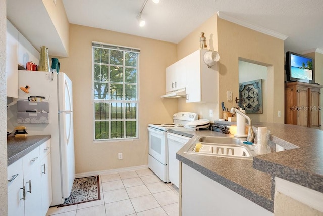 kitchen with white appliances, light tile patterned flooring, sink, white cabinets, and crown molding