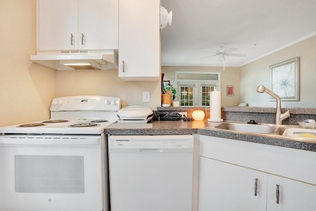 kitchen with sink, crown molding, white cabinetry, white appliances, and ceiling fan