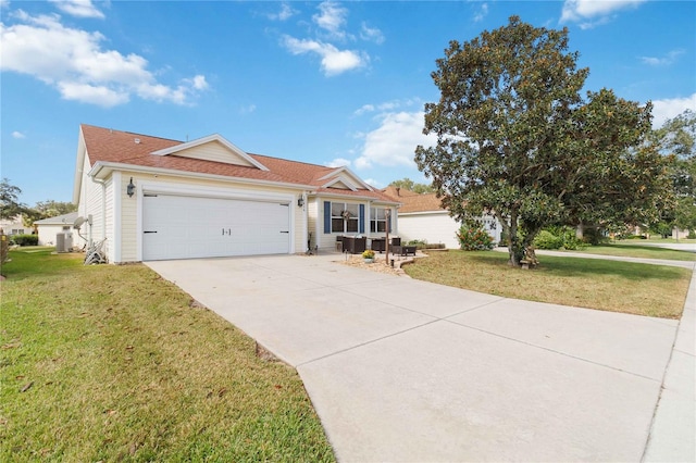 single story home featuring a garage, central AC, and a front lawn