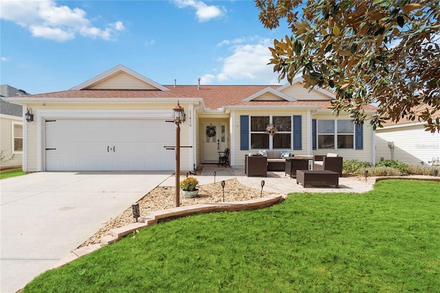 single story home with an outdoor hangout area, a garage, and a front yard