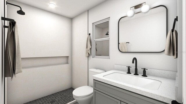 bathroom with vanity, toilet, a shower, and tile patterned flooring