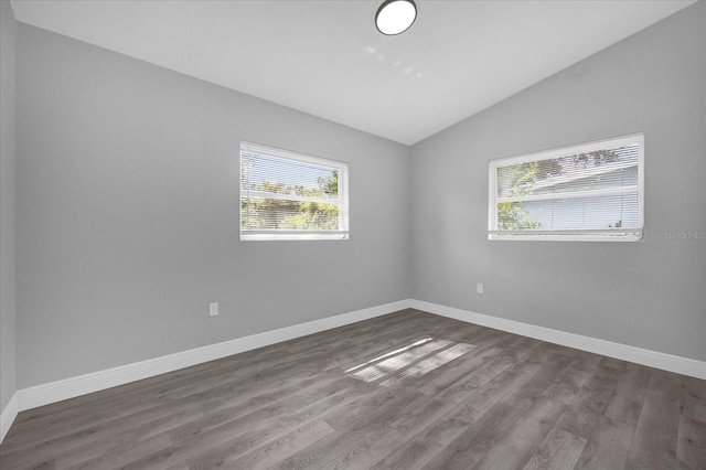 spare room featuring lofted ceiling, a wealth of natural light, and dark hardwood / wood-style floors