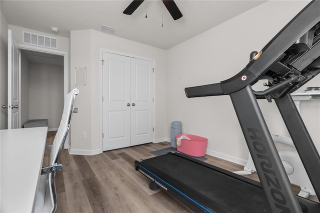 workout area featuring ceiling fan and hardwood / wood-style flooring