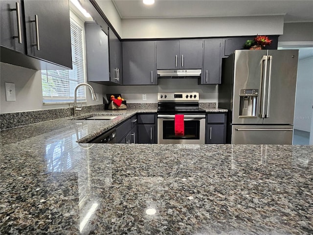 kitchen featuring stainless steel appliances, sink, dark stone countertops, and gray cabinetry