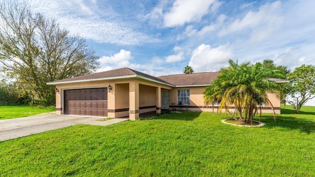 ranch-style house with a front lawn and a garage